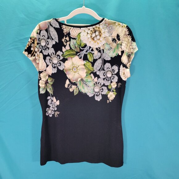 Ted Baker Floral Print Black Short Sleeve Top Size 3 - Picture 7 of 9